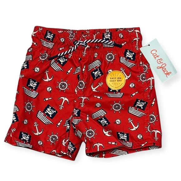 NEW Cat & Jack 18M Baby Boys Infant 4th of July Pirate Dinosaur Swim Shorts Red - Picture 1 of 5